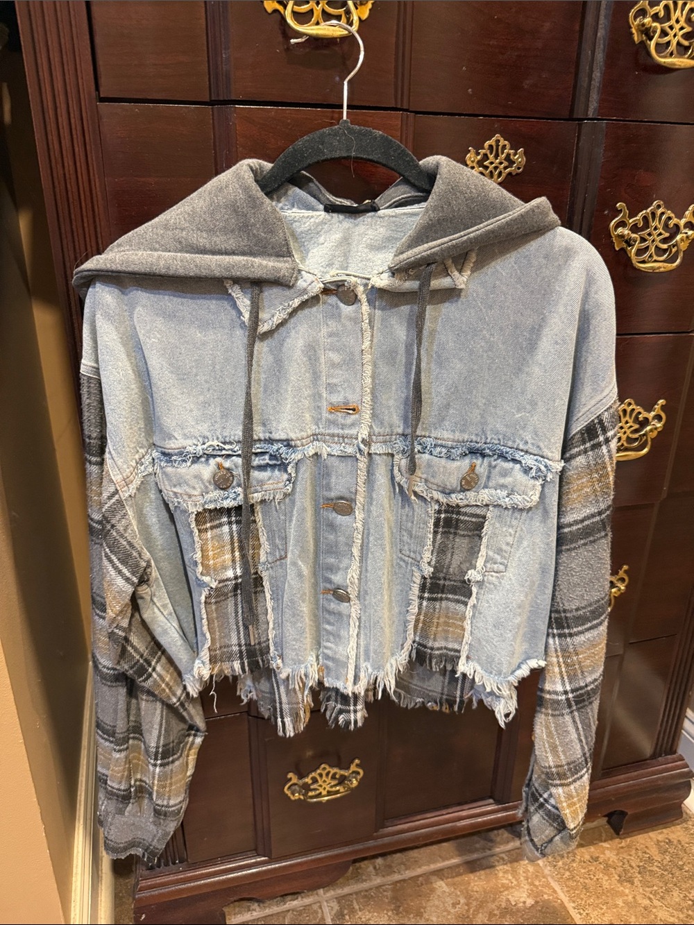 Miss Me Light Blue Distressed Denim Jacket with Gray Hood and Plaid Sleeves